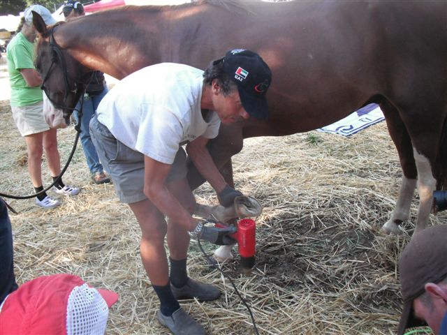 Christoph installing Easyboot Glue-Ons before the Tevis Cup